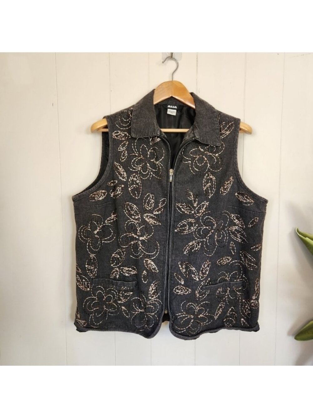 Vintage 90s Floral Gray Zip Up Quilted Vest Floral 1990s Cottagecore Western